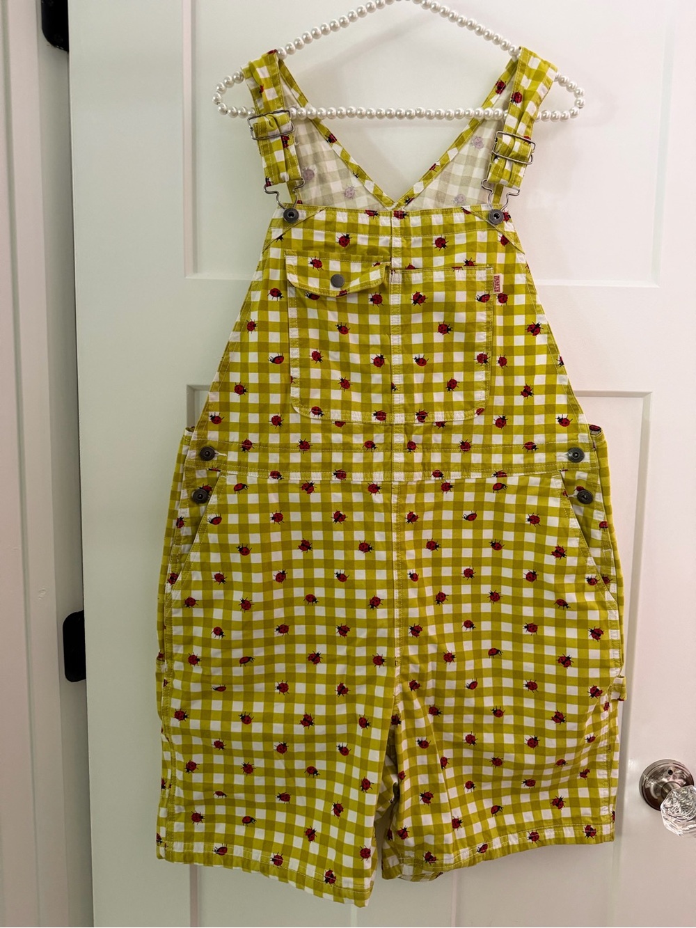 Rare🚨Duluth Trading Co Yellow Gingham Short Overalls with ladybug print